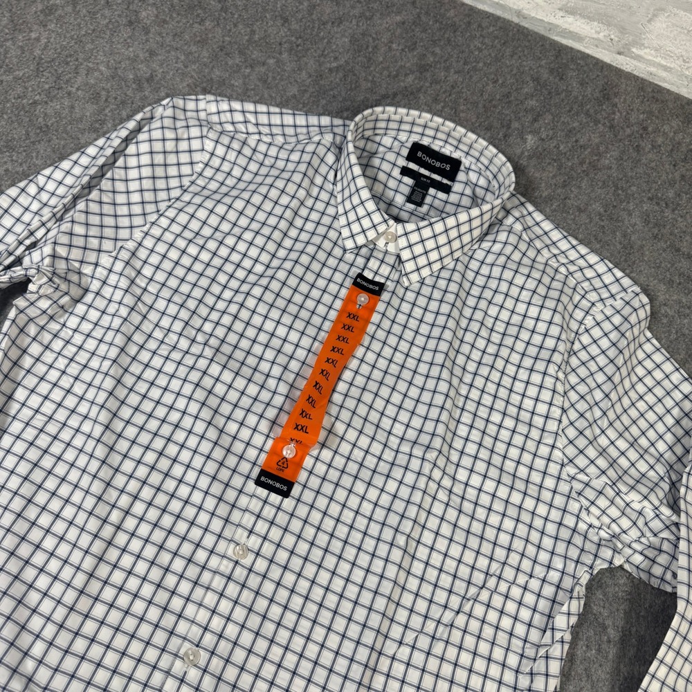 Bonobos Mens XXL Slim Fit Tech Shirt White Navy Blue Grid Check Button Down 3031